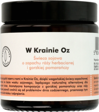MANUFAKTURA PIĘKNA W Krainie Oz ,świeca sojowa o zapachu róży herbacianej i gorzkiej pomarańczy,przód