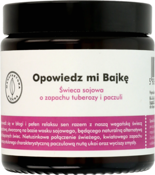 Świeca sojowa Opowiedz mi Bajkę o zapachu tuberozy i paczuli w ciemnym szklanym słoiku, widok z przodu.
