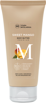 Stara Mydlarnia Sweet Mango body butter premium, beżowa tuba z grafiką mango, do suchej skóry, widok z przodu.