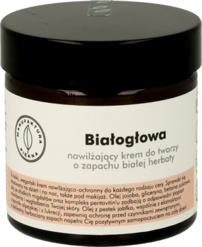 Krem Białogłowa nawilżający, słoik z czarną nakrętką, biała etykieta, zapach białej herbaty, widok z przodu.