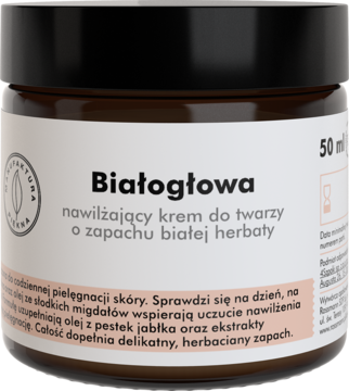 Białogłowa nawilżający krem do twarzy o zapachu białej herbaty w ciemnobrązowym słoiczku z białą etykietą, widok z przodu.