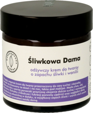 Ciemny słoik kremu Śliwkowa Dama, odżywczego do twarzy o zapachu śliwki i wanilii, widok z przodu.
