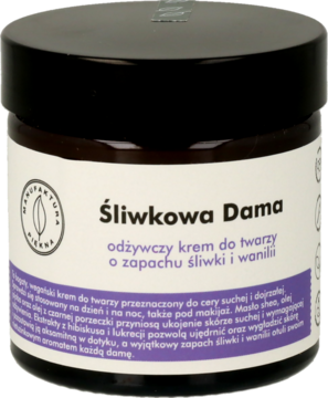 Ciemny słoik kremu Śliwkowa Dama, odżywczego do twarzy o zapachu śliwki i wanilii, widok z przodu.