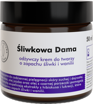 Krem do twarzy Śliwkowa Dama 50ml, słoik z ciemnego szkła, czarną nakrętką, fioletowa etykieta z białym napisem, widok z przodu.
