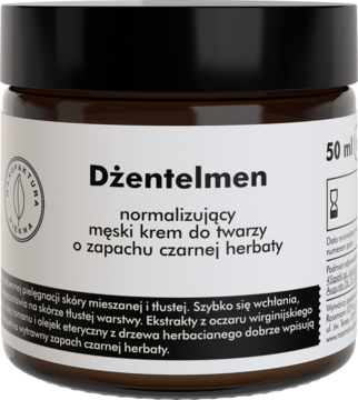 Dżentelmen, normalizujący męski krem do twarzy z czarną herbatą w czarnym słoiku, widok z przodu, 50ml.