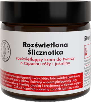 Ciemny słoik kremu Rozświetlona Ślicznotka o zapachu róży i jaśminu, biała etykieta, widok z przodu.