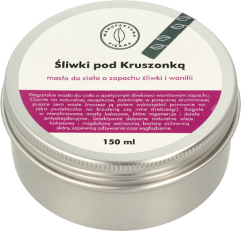 Wegańskie masło do ciała o zapachu śliwki i wanilii w okrągłej aluminiowej puszce 150ml, widok z góry.