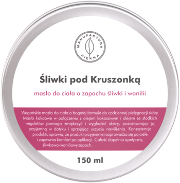Wegańskie masło do ciała Śliwki pod Kruszonką, śliwka-wanilia, 150ml, okrągła puszka z biało-różową etykietą, z góry.