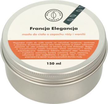 Wegańskie masło do ciała "Francja Elegancja" róża i wanilia, w srebrnej puszce 150ml, widok z góry.