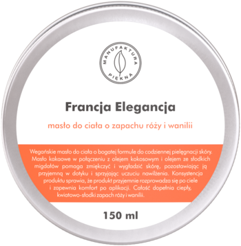 Wegańskie masło do ciała Francja Elegancja 150ml w okrągłej srebrnej puszce, zapach róży i wanilii, widok z góry.