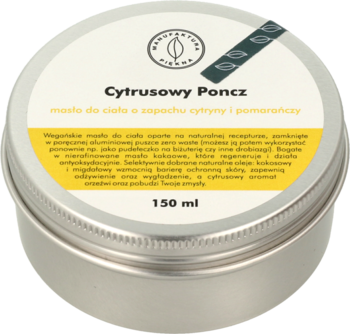 Srebrna puszka wegańskiego masła Cytrusowy Poncz 150ml o zapachu cytryny i pomarańczy, ujęcie z góry.