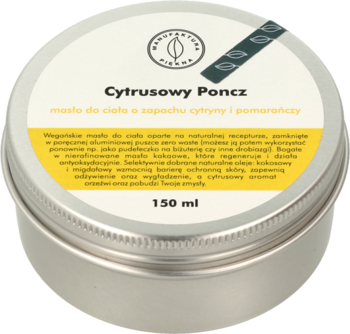 Srebrna puszka wegańskiego masła Cytrusowy Poncz 150ml o zapachu cytryny i pomarańczy, ujęcie z góry.