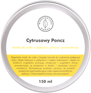 Wegańskie masło Cytrusowy Poncz 150ml o zapachu cytryny i pomarańczy w okrągłej puszce, widok z góry.
