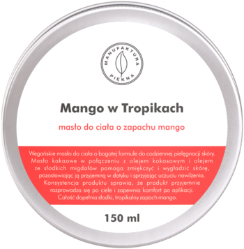 Wegańskie masło do ciała Mango w Tropikach Manufaktura Rysinka 150ml, okrągła aluminiowa puszka z białą etykietą, widok z góry.