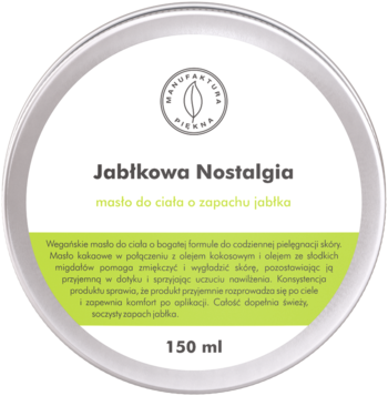 Wegańskie masło do ciała Jabłkowa Nostalgia w okrągłej, białej puszce zero waste, zapach jabłka, widok z góry.
