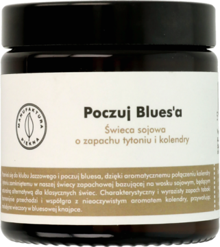 Poczuj Blues'a, świeca sojowa o zapachu tytoniu i kolendry w ciemnym szklanym słoju, widok z przodu.