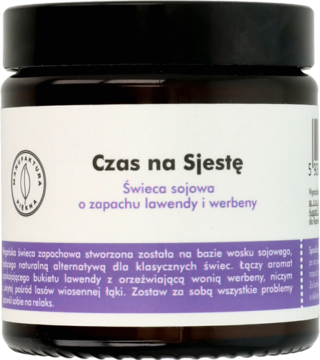 MANUFAKTURA PIĘKNA Czas na Sjestę ,świeca sojowa o zapachu lawendy i werbeny,przód