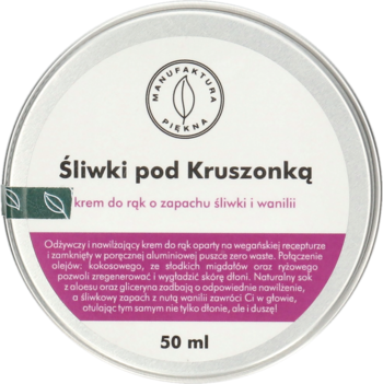 Krem do rąk Manufaktura Piękna "Śliwki pod Kruszonką" (śliwka, wanilia) w białej metalowej puszce, widok z góry.