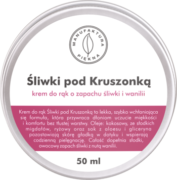 Krem do rąk Śliwki pod Kruszonką 50ml w aluminiowej puszce, o zapachu śliwki z wanilią. Widok z góry.