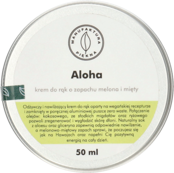 Okrągła, aluminiowa puszka kremu do rąk Manufaktura Piękna Aloha o zapachu melona i mięty, widok z góry.