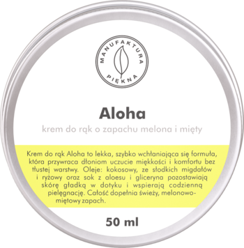 Krem do rąk Aloha Manufaktura Piękna w okrągłej, srebrnej puszce, o zapachu melonowo-miętowym, widok z góry.