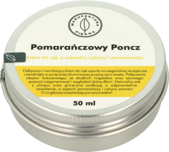 Okrągła, srebrna puszka kremu do rąk Pomarańczowy Poncz 50 ml o zapachu cytryny i pomarańczy, widok z góry.