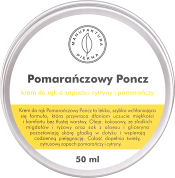 Krem do rąk Pomarańczowy Poncz o zapachu cytryny i pomarańczy 50ml, w okrągłej, srebrnej puszce, widok z góry.