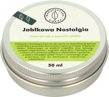 Krem do rąk Jabłkowa Nostalgia w okrągłej, srebrnej puszce zero waste z zieloną etykietą, widok z góry.