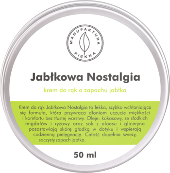 Widok z góry na okrągły, aluminiowy krem do rąk Jabłkowa Nostalgia o zapachu jabłka, 50 ml.