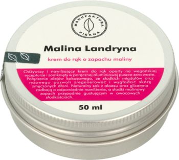 Malina Landryna krem do rąk w okrągłej, srebrnej puszce 50 ml z białym logo, malinowy zapach, widok z góry.