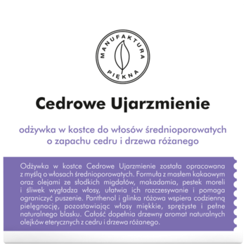 Biała etykieta odżywki Cedrowe Ujarzmienie do włosów średnioporowatych, z fioletowym dołem i logo, widok z przodu.