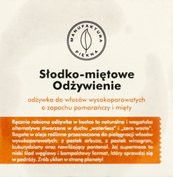 Etykieta Słodko-miętowego Odżywienia: odżywka w kostce, do włosów wysokoporowatych, pomarańcza i mięta.