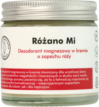 Magnezowy dezodorant Różano Mi o zapachu róży, w szklanym słoiku z zielono-białą etykietą, widok z przodu.