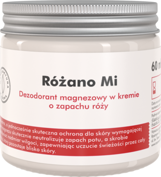 Biały słoiczek kremowego dezodorantu Różano Mi z magnezem o zapachu róży, metalowa zakrętka, przód.