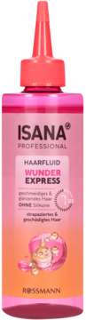 Różowy fluid do włosów Isana Professional Wunder Express w butelce z aplikatorem, dla elastyczności i blasku. Widok z przodu.