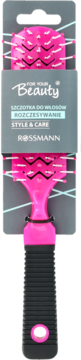 Różowa wentylowana szczotka do rozczesywania włosów For Your Beauty Rossmann w opakowaniu, z czarnym uchwytem, widok z przodu.