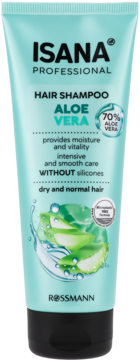 Szampon Isana Professional Aloe Vera do włosów suchych i normalnych, turkusowa tubka z czarnym zamknięciem, widok z przodu.