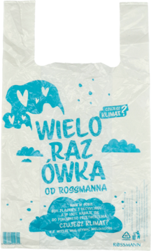 Biała, przezroczysta torba wielorazowa Rossmann z niebieskim napisem "WIELORAZÓWKA" i grafiką chmur, widok z przodu.