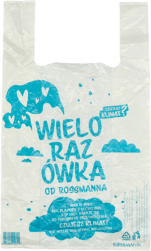 Biała, przezroczysta torba wielorazowa Rossmann z niebieskim napisem "WIELORAZÓWKA" i grafiką chmur, widok z przodu.