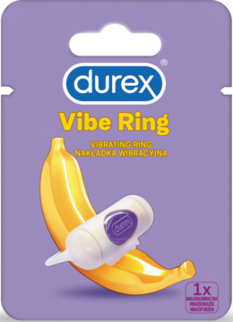 Fioletowe opakowanie Durex Vibe Ring, z żółtym bananem i białą nakładką wibracyjną, widok z przodu.