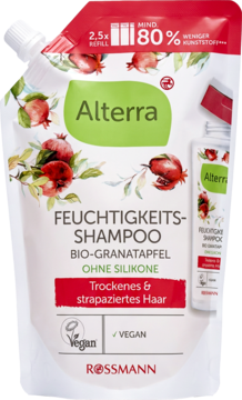 Alterra szampon bio-granat do włosów suchych, biała saszetka refill, 80% mniej plastiku, przód.