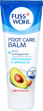 Fuss Wohl Foot Care Balm in white tube with blue cap, for dry & damaged skin, with avocado & almond oil, frontal view.