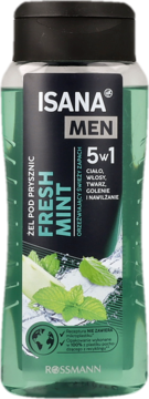 Isana Men Fresh Mint 5w1 żel pod prysznic w zielonej butelce, widok z przodu, z ilustracją mięty.