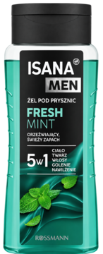 ISANA MEN Fresh Mint żel pod prysznic 5w1, tealowa butelka z czarną etykietą i liśćmi mięty, widok z przodu.