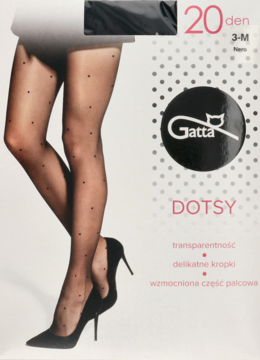 Przezroczyste rajstopy Gatta Dotsy 20 den z czarnymi kropkami, wzmocniona palcówka, na modelce i opakowaniu.