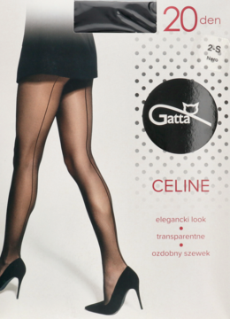 Gatta Celine 20 den, transparentne czarne rajstopy z prostym szwem na nodze modelki, widok opakowania.