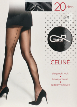 Gatta Celine, czarne, transparentne rajstopy 20 den z ozdobnym szwem z tyłu. Widok opakowania z modelką.