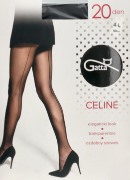 Modelka w czarnych, transparentnych rajstopach Gatta Celine 20 den z pionowym szwem, obok opakowanie.