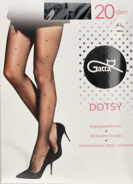 Opakowanie transparentnych rajstop Gatta DOTSY 20 den w czarne kropki, z modelem noszącym rajstopy.