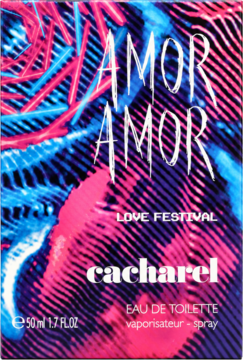 Cacharel Amor Amor Love Festival woda toaletowa, pudełko 50ml z energetycznym wzorem w różu, błękicie, czerni.